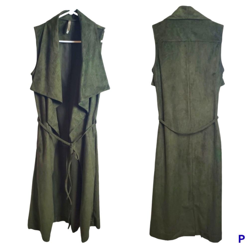 Long Waterfall Collar Deep Green Vest Mono B Faux Suede Tie-Waist